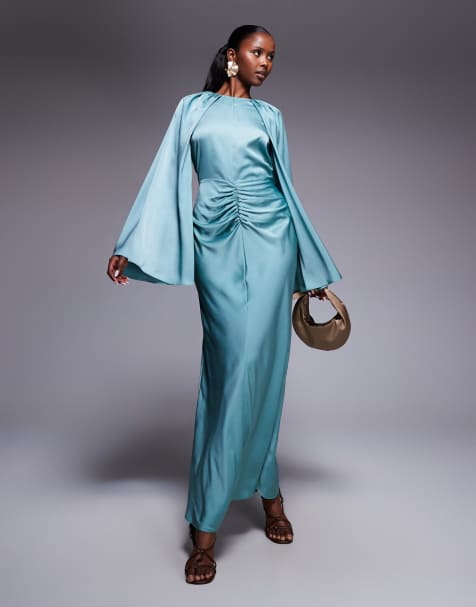 ASOS DESIGN satin long sleeve maxi dress with central ruched skirt in pale blue - view 1