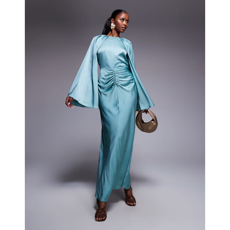 ASOS DESIGN satin long sleeve maxi dress with central ruched skirt in pale  blue