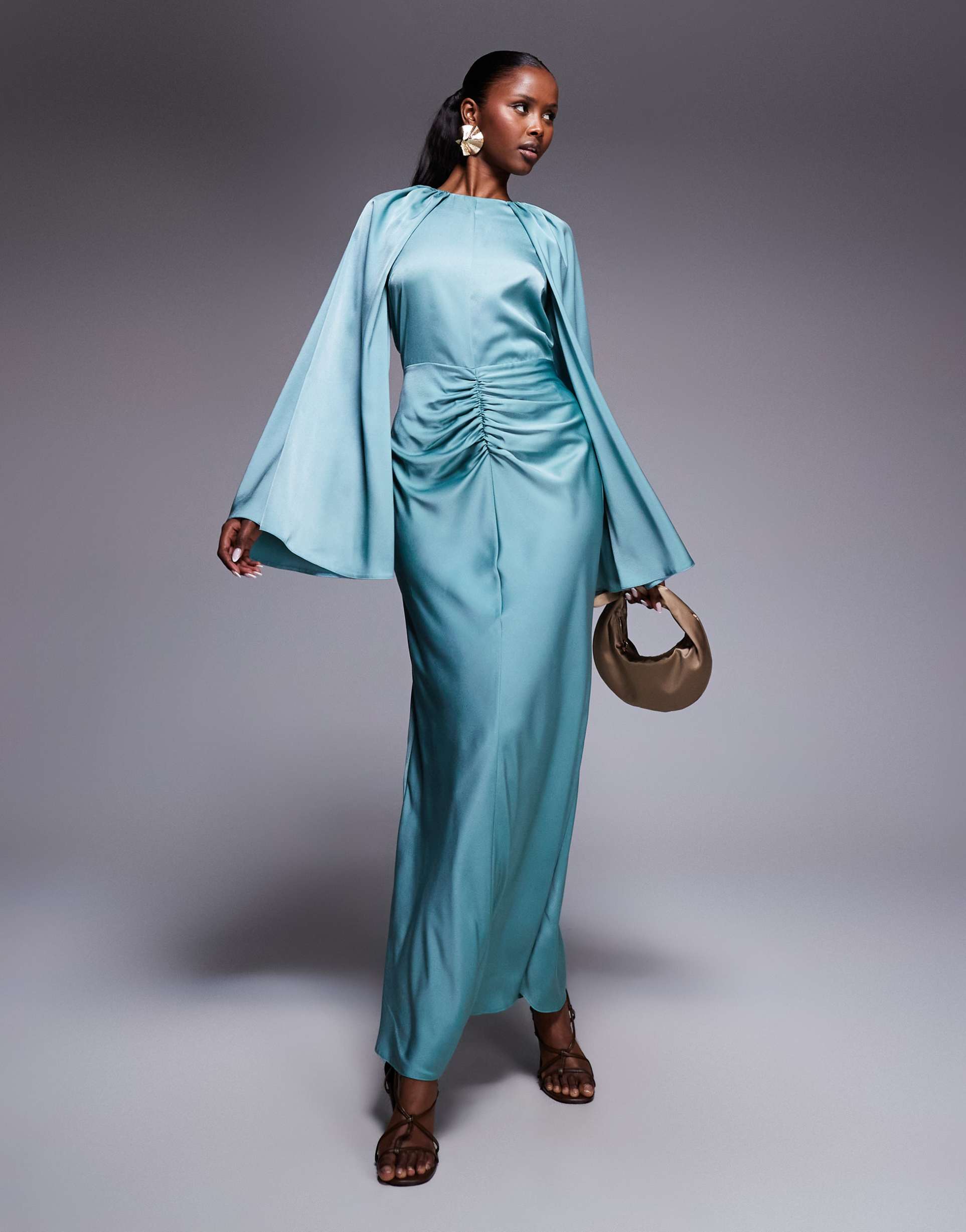 asos design satin long sleeve maxi dress with central ruched skirt in pale blue