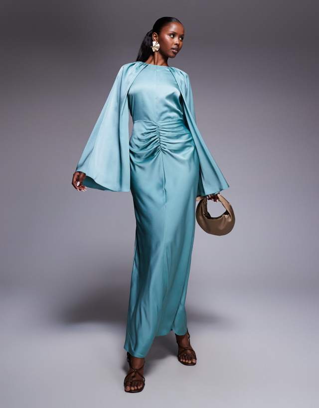 ASOS DESIGN satin long sleeve maxi dress with central ruched skirt in pale blue