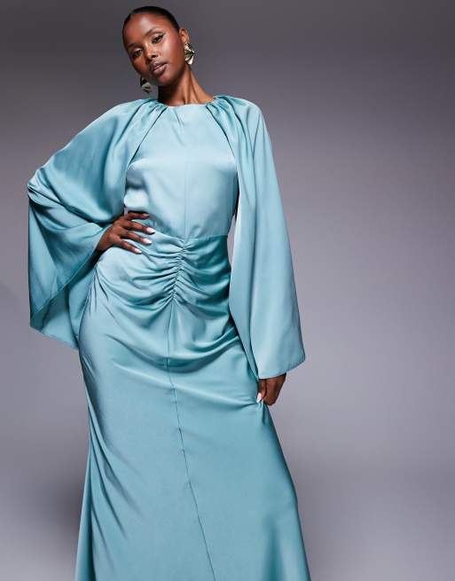 ASOS DESIGN satin long sleeve maxi dress with central ruched skirt in pale blue