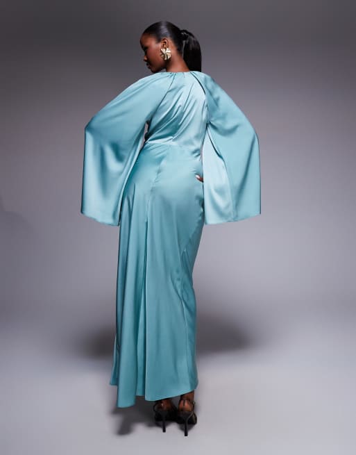 ASOS DESIGN satin long sleeve maxi dress with central ruched skirt in pale blue