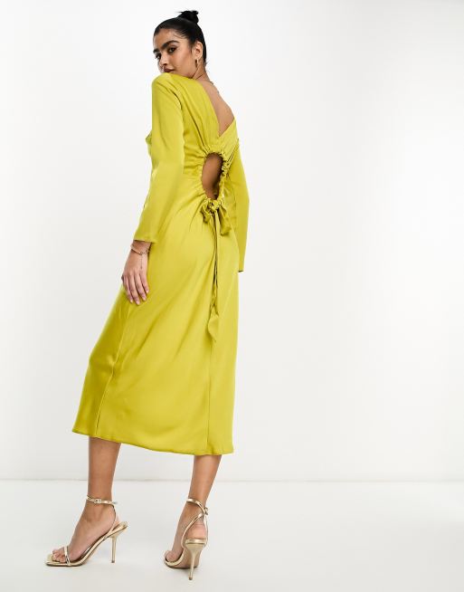 ASOS DESIGN satin long sleeve maxi dress with drawstring back in olive