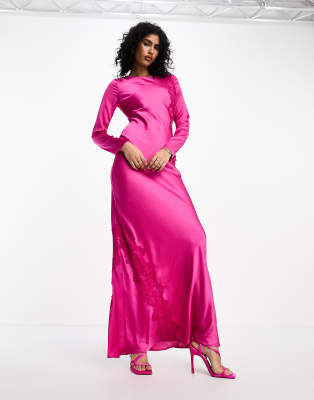 Asos Design Satin Long Sleeve Maxi Dress With Lace Applique Detail In Fuschia Pink