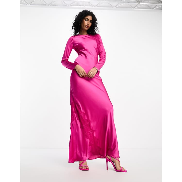 ASOS DESIGN satin long sleeve maxi dress with lace applique detail in  fuschia pink