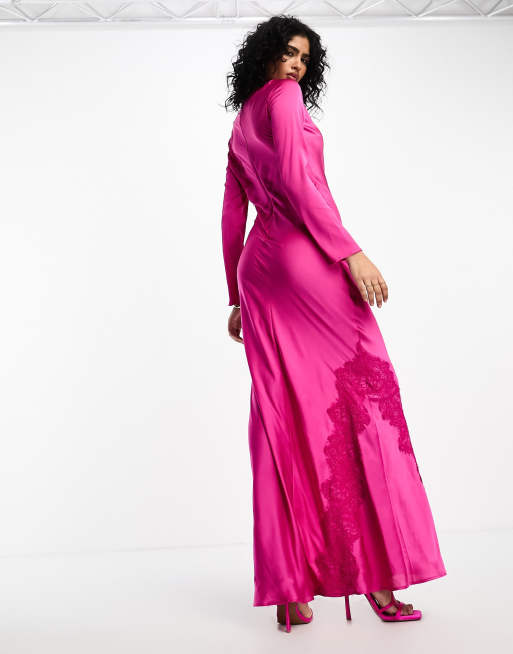 ASOS DESIGN satin long sleeve maxi dress with lace applique detail