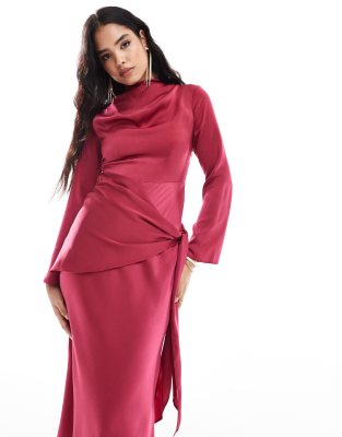 ASOS DESIGN satin long sleeve maxi dress with tie waist overlay detail in  berry pink | ASOS