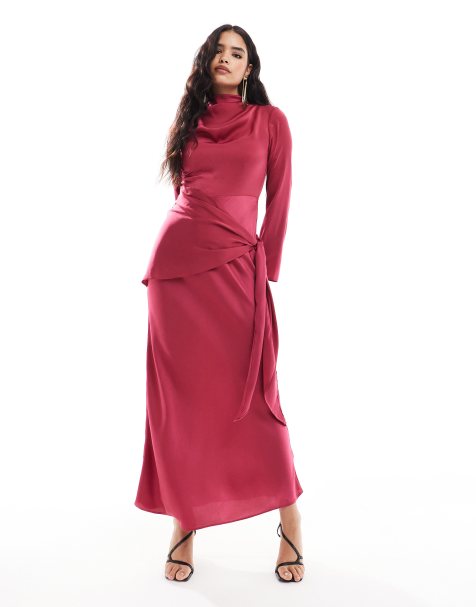 ASOS DESIGN satin long sleeve maxi dress with tie waist overlay detail in berry pink - view 1