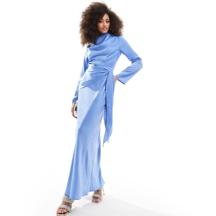 ASOS DESIGN satin long sleeve maxi dress with tie waist overlay detail in blue