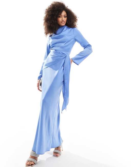 ASOS DESIGN satin long sleeve maxi dress with tie waist overlay detail in blue ASOS