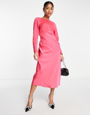 Asos Design Satin Long Sleeve Midi Dress With Drawstring Back In Pink