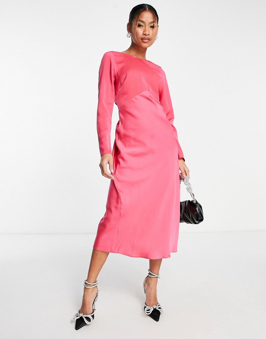 ASOS DESIGN satin long sleeve midi dress with drawstring back in pink