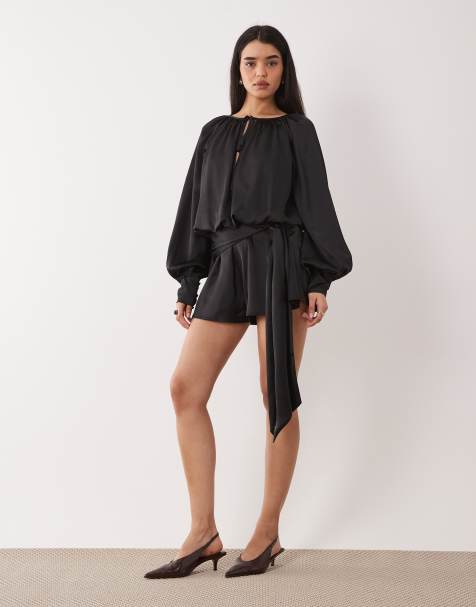 ASOS DESIGN satin long sleeve playsuit with tie detail in black - view 1