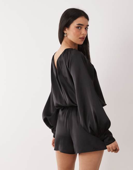 ASOS DESIGN satin long sleeve playsuit with tie detail in black, 2 of 4