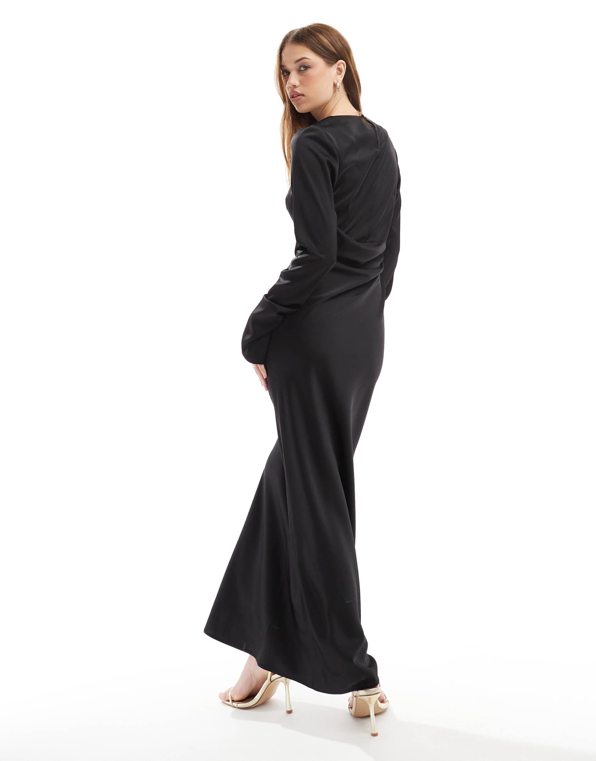 asos design satin long sleeve pleated front maxi dress in black