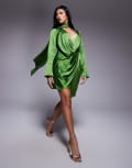 [ASOS DESIGN] ASOS DESIGN satin long sleeve plunge mini dress with drape neck scarf and wrap skirt in green 10 Green