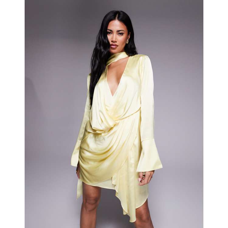 asos design midi wrap satin dress with drape detail ASOS DESIGN Drape Detail Midi Dress With Cut Out Detail-Green for Women