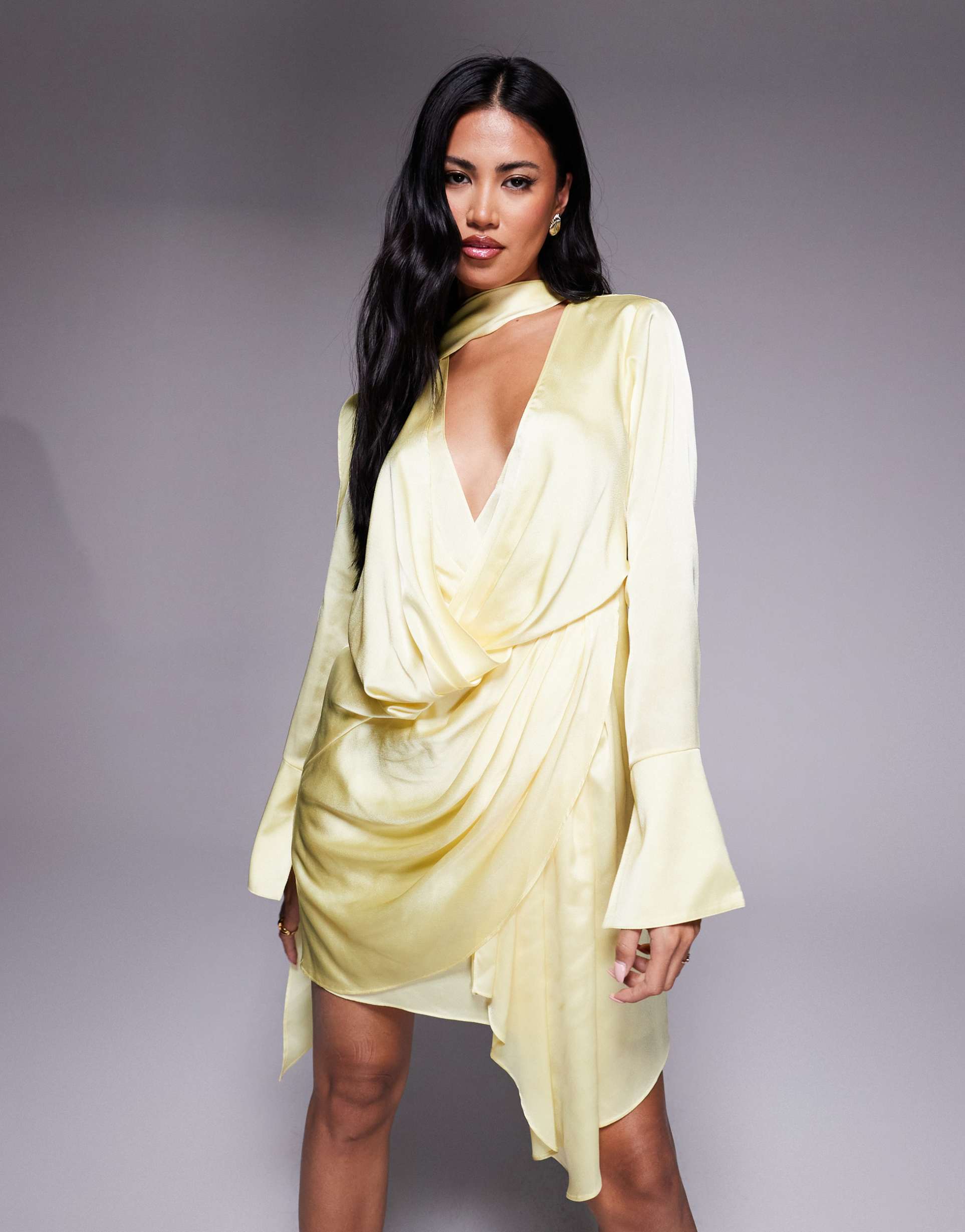 asos design satin long sleeve plunge mini dress with drape neck scarf and wrap skirt in lemon yellow