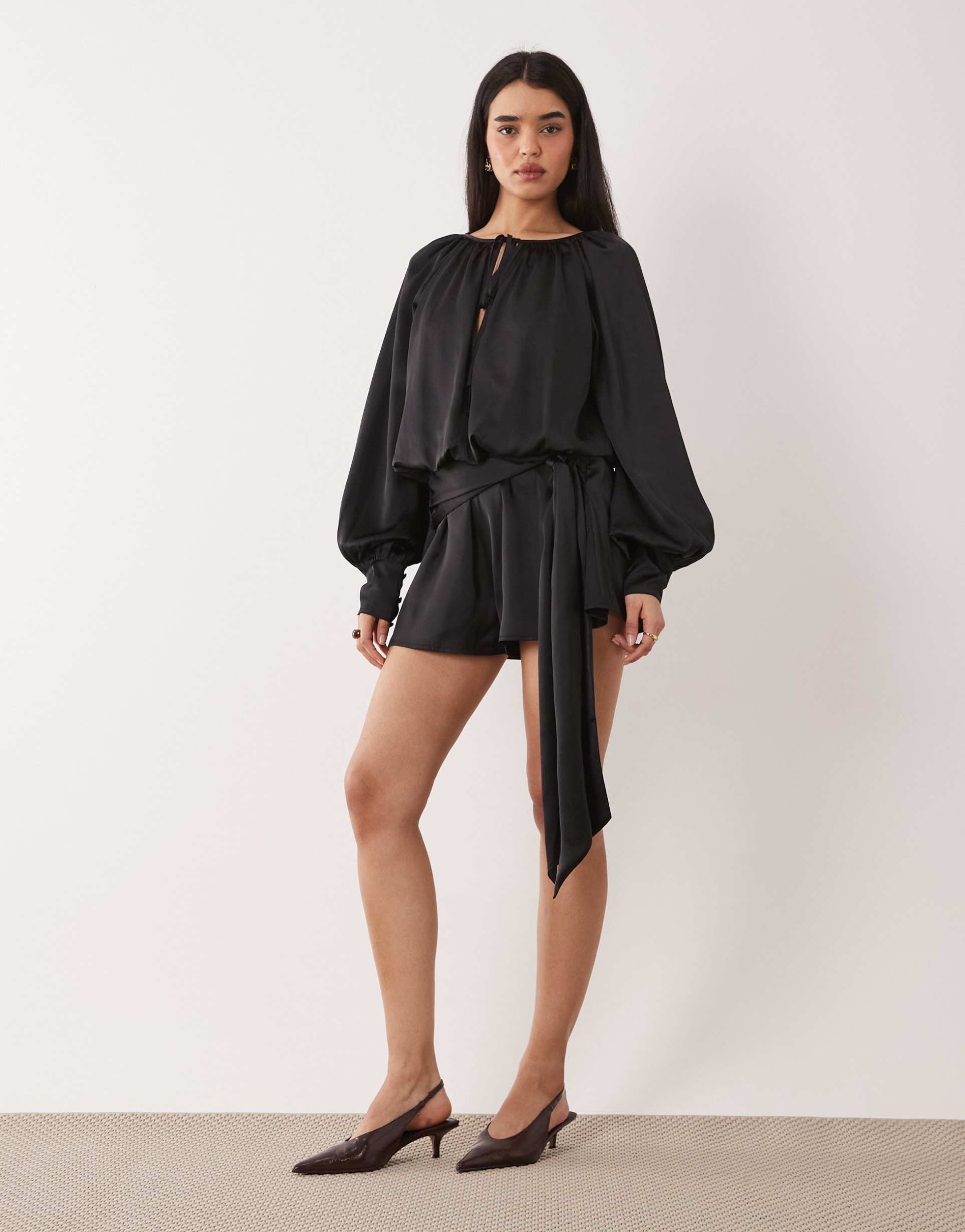 asos design satin long sleeve romper with tie detail in black