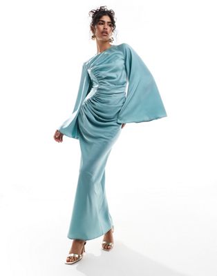 satin long sleeve ruched maxi dress in blue