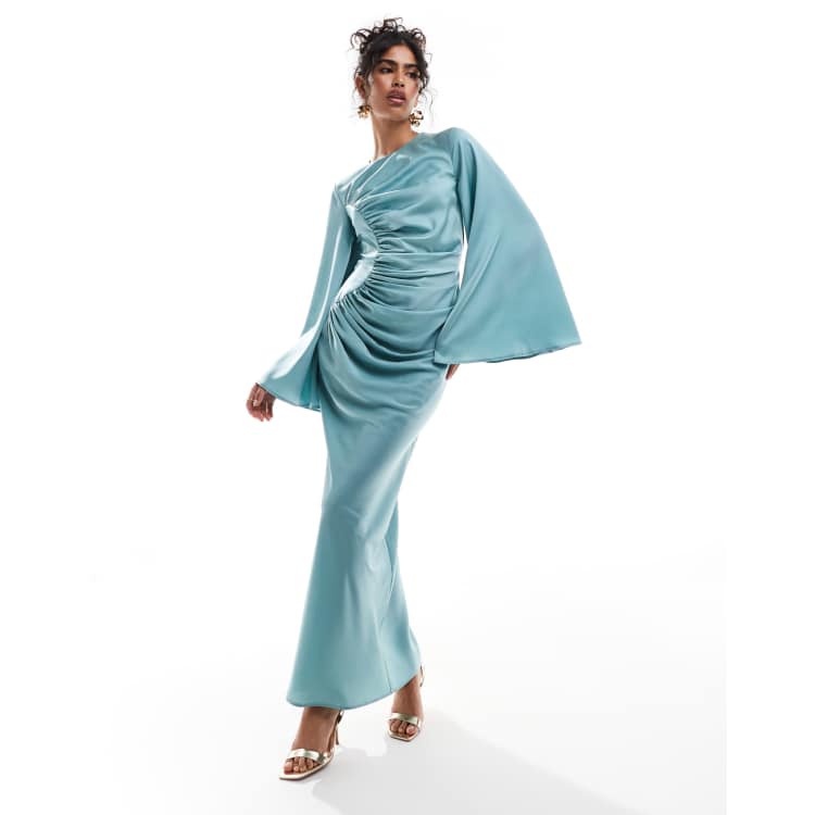 ASOS DESIGN satin long sleeve ruched maxi dress in blue | ASOS