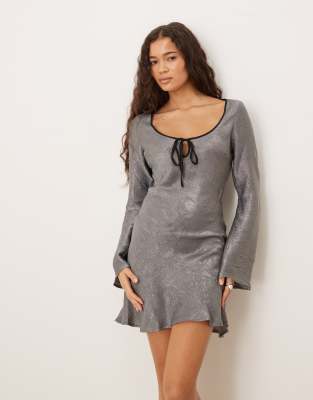 Asos Design Satin Long Sleeve Scoop Neck Swing Dress In Gray