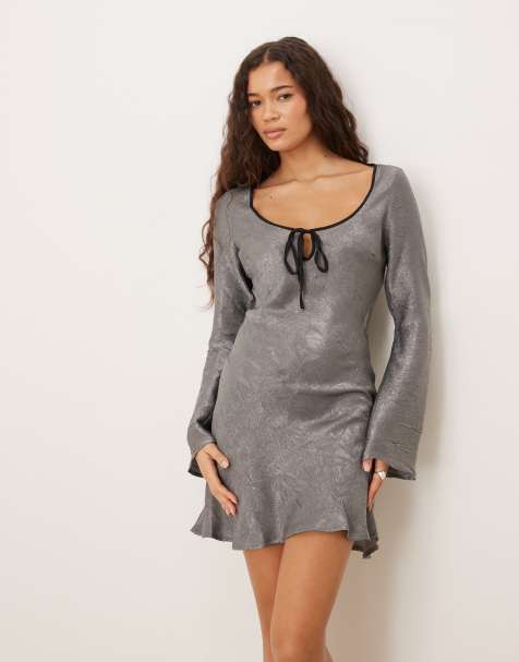 ASOS DESIGN satin long sleeve scoop neck swing dress in gray - view 1