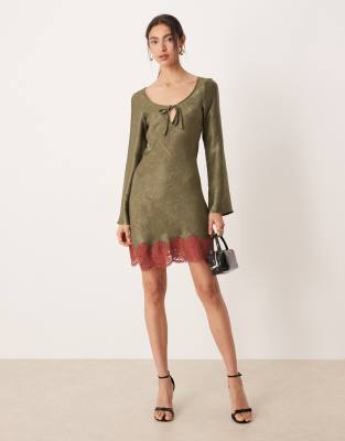 Asos Design Satin Long Sleeve Scoop Neck Swing Dress In Green