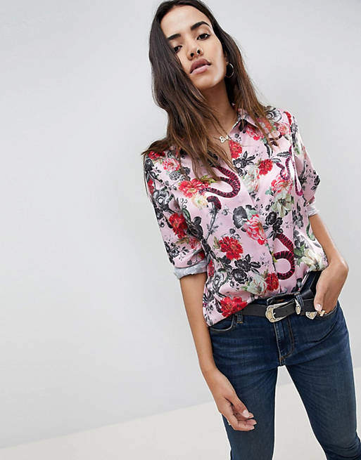 ASOS DESIGN Satin long sleeve shirt In Floral Snake Print