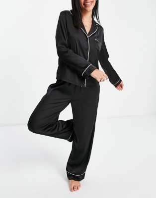 ASOS DESIGN pajama set with t-shirt and pants in black with fleece printed  bottom