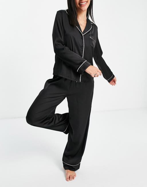 ASOS DESIGN satin long sleeve shirt & pants pajama set in black