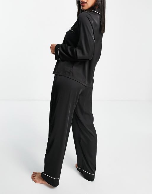 ASOS DESIGN premium monogram traditional satin shirt & pant pajama