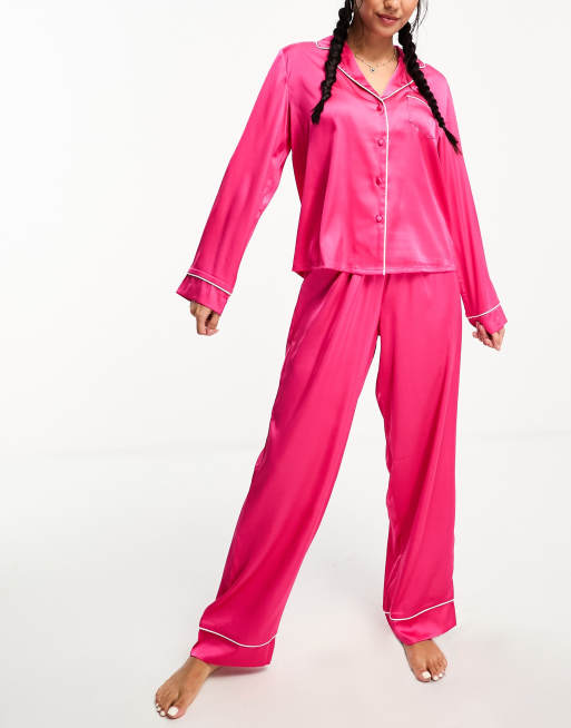 ASOS DESIGN premium monogram traditional satin shirt & pant pajama