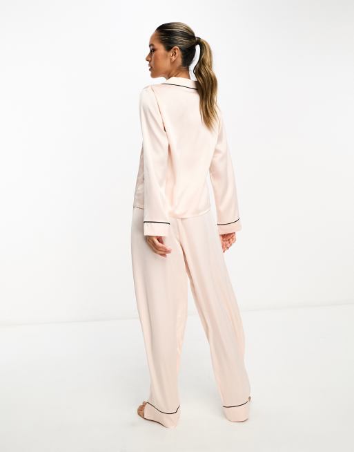 ASOS DESIGN satin long sleeve shirt & pants pajama set in pink