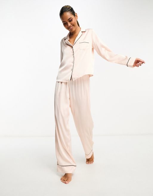 ASOS DESIGN Tall satin long sleeve shirt & pants pajama set in pink