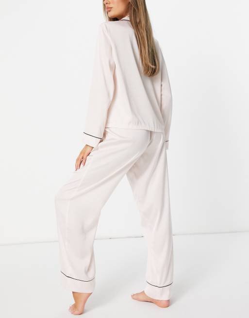 ASOS DESIGN satin long sleeve shirt & pants pajama set in pink