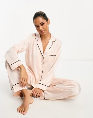 ASOS DESIGN satin long sleeve shirt & trouser pyjama set in pink | ASOS