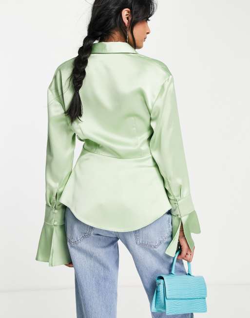 ASOS DESIGN satin long sleeve shirt with corset seam waist detail