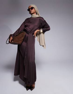 satin long sleeve tie detail maxi dress in chocolate-Brown