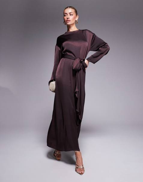 ASOS DESIGN satin long sleeve tie detail maxi dress in chocolate - view 1
