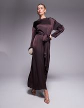ASOS DESIGN long sleeve satin tie front maxi dress in chocolate