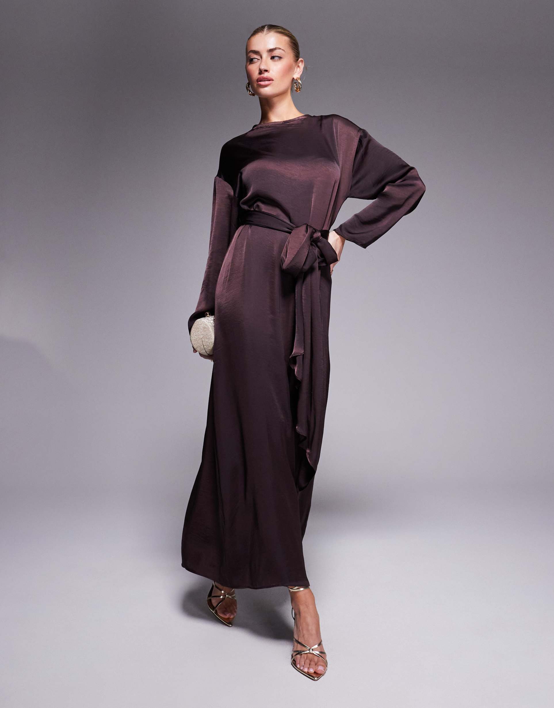 asos design satin long sleeve tie detail maxi dress in chocolate