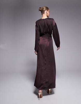 ASOS DESIGN satin long sleeved tie detail maxi dress in chocolate
