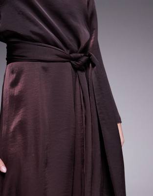 ASOS DESIGN satin long sleeved tie detail maxi dress in chocolate