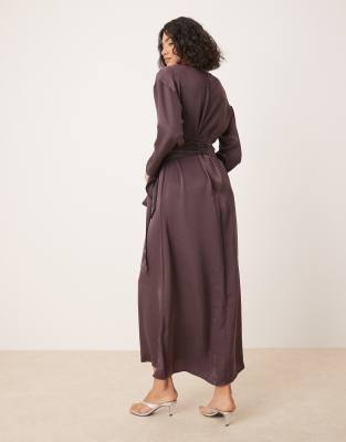 ASOS DESIGN satin long sleeve tie detail maxi dress in dusky mauve