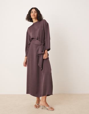 ASOS DESIGN satin long sleeve tie detail maxi dress in dusky mauve
