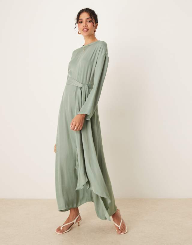 sage green ankle length dress ASOS DESIGN satin long sleeve tie detail maxi in What Is an A-Line Product Type_DRESSES Size:us:18w Floor length