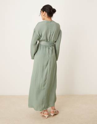 ASOS DESIGN satin long sleeve tie detail maxi dress in sage green