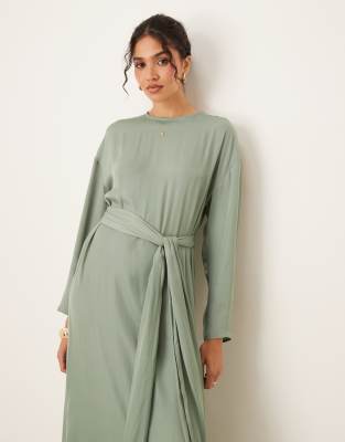 ASOS DESIGN satin long sleeve tie detail maxi dress in sage green