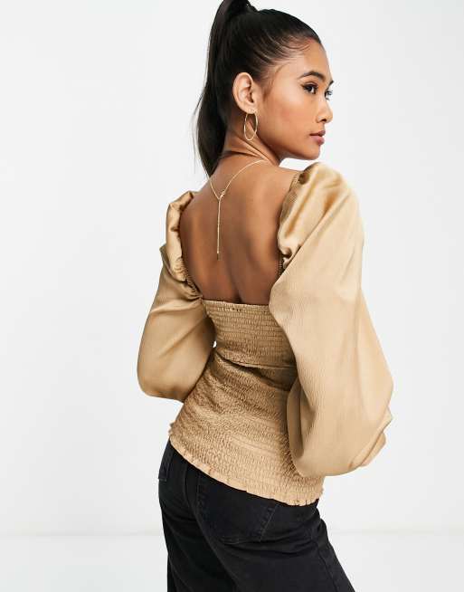 ASOS DESIGN satin long sleeve top with shirred waist in gold, 2 of 4